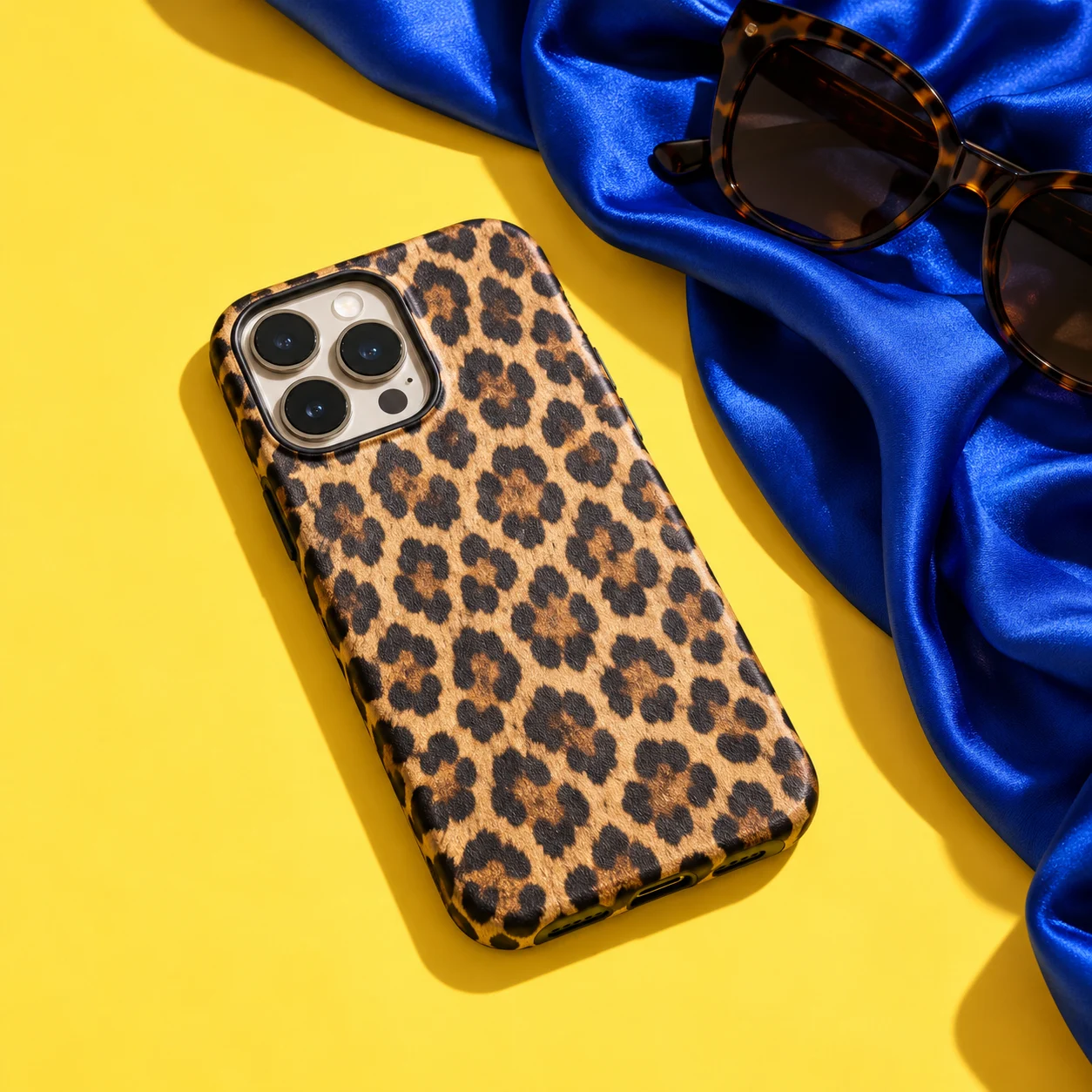 Leopard phone case concept with a cobalt scarf and sunglasses